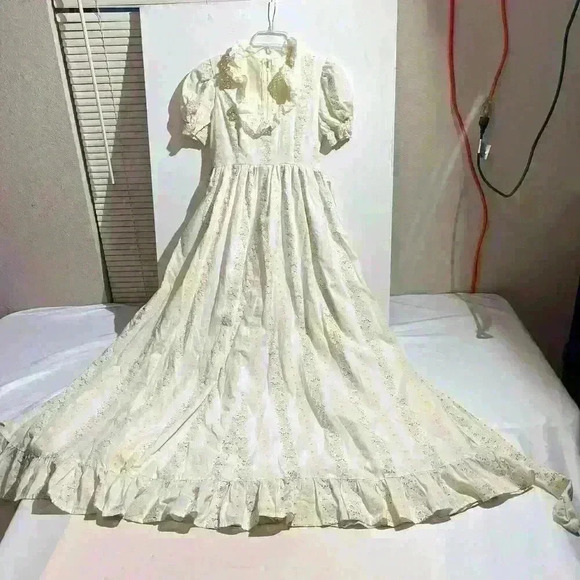 Vintage Homespun Gunne Sax Style 1970s Striped Cottagecore Floral Prairie Dress - Picture 12 of 16